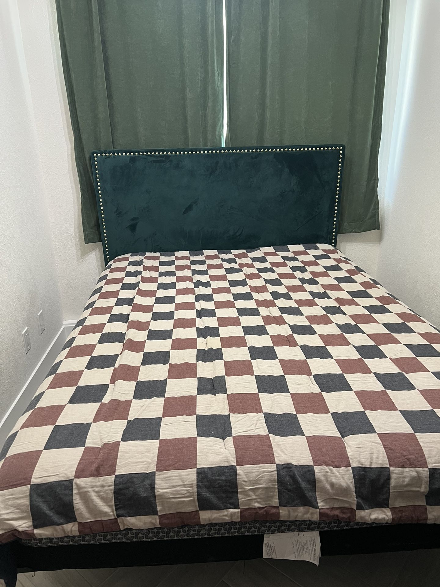 Queen Size Bed Frame – Velvet Headboard with Nailhead Trim