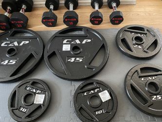 Brand new CAP Olympic weight plates, Three piece Olympic Barbell bar and Ethos dumbbells