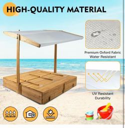 Wooden Kids Sandbox with Lid, Outdoor Sand Box with Adjustable Canopy and Two Foldable Bench Seats, Sandbox with Cover for Beach, Backyard, Bottom Lin