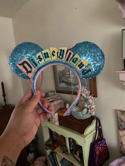 Disneyland Marquee Sign Disney- Parks Headband Blue Sequin Minnie Mickey Ears