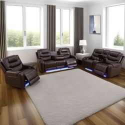 Power Electric Brown Leather Fully Reclining Couch Set