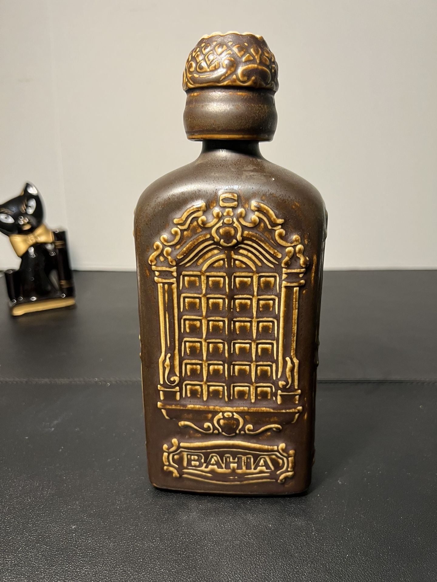 Brazilian Vintage 1960s Bahia Ceramic Souvenir Brown Decanter Bottle, 4x9”