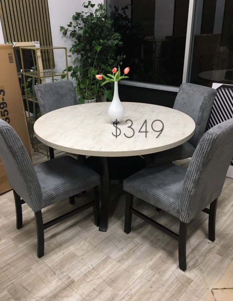 5-Pc Round Dining Set With Grey Corduroy Upholstered Chairs