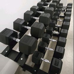 
  RUBBER HEX DUMBBELLS SET:
  55lb - 100lb. WITH THE RACK.
