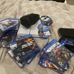 PS4 with games, controller and headpiece