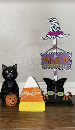 Halloween Decorations (Cat, Candy Corn & Witch sign)