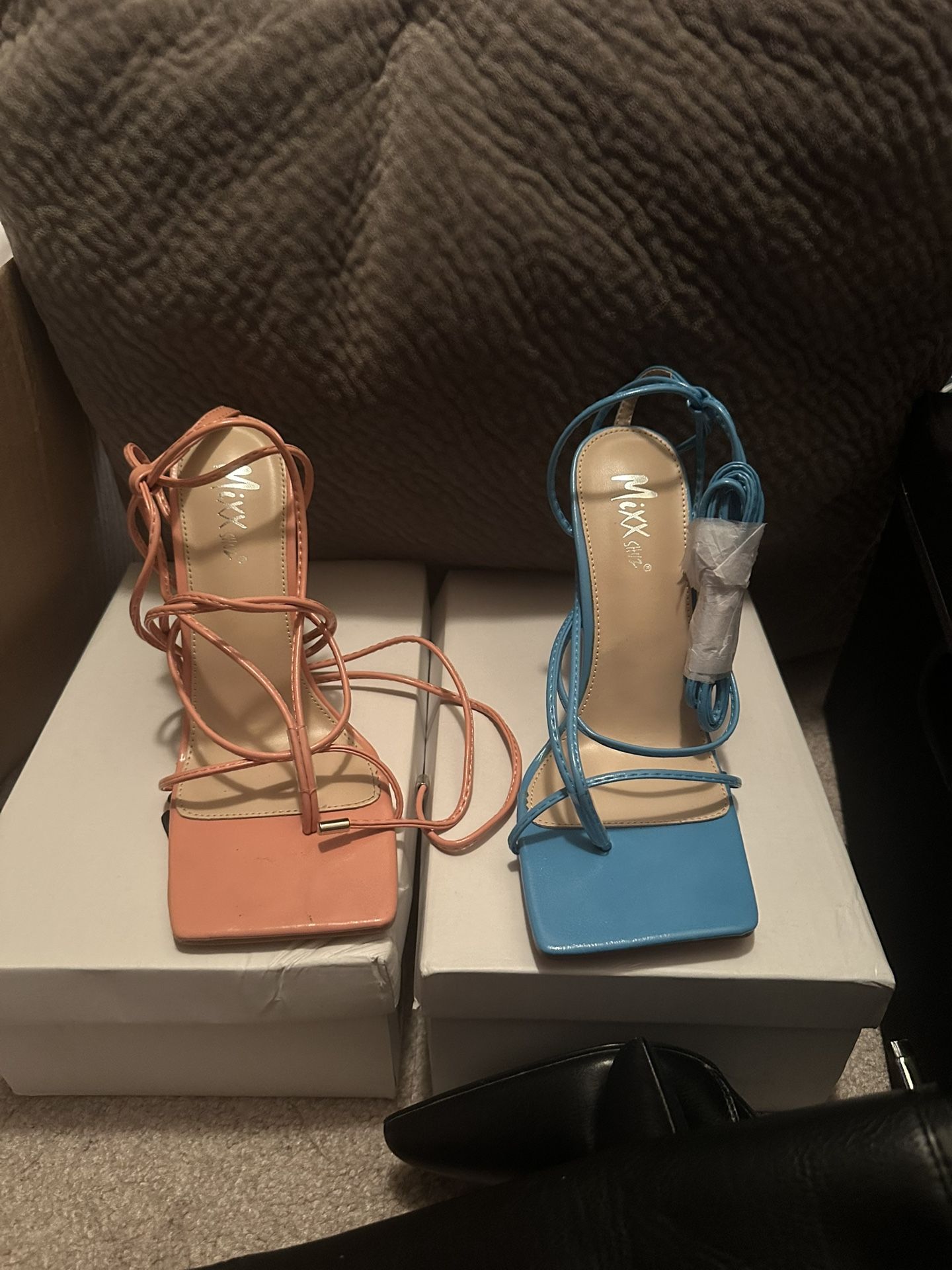 Blue and pink heeled sandals from fashion nova