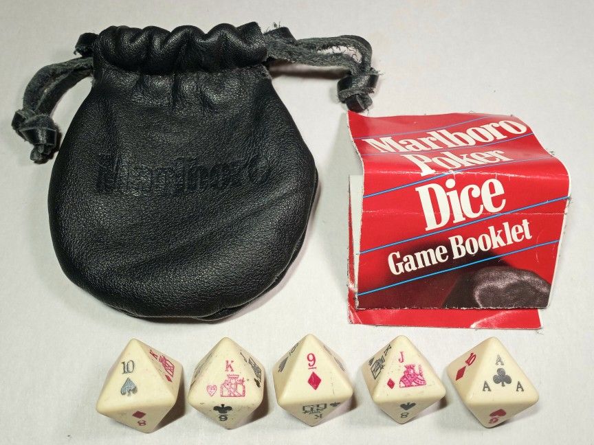 Vintage Marlboro set of 5, 8 Sided Poker Dice Game with Black Leather Pouch