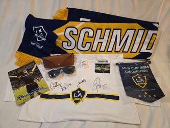 LA Galaxy Lot - Scarf, Sunglasses, Autographed Shirt, 2014 Champion Banner, Pin