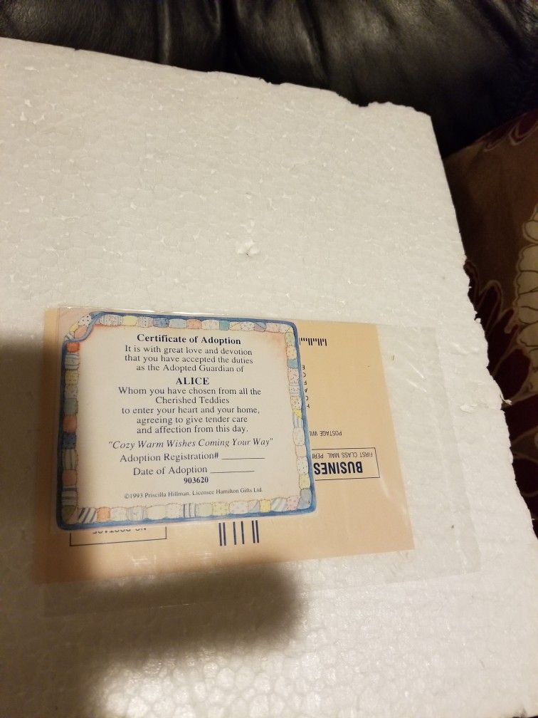 Cherished Teddies Alice Cozy Warm Wishes Coming Your Way 1993, Reg #4C3 /538