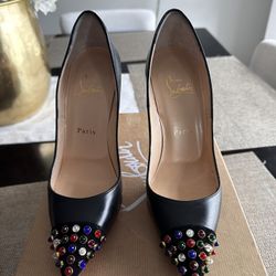 CHRISTIAN LOUBOUTIN CABO PUMP 120 BLACK KID LEATHER / SUEDE TOE CAP WITH MULTI COLOURED JEWEL STUDS