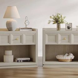 Night Stand Set 2, 26" Wide Nightstands with Drawer, Large Queen Size Nightstands Set of 2, Modern Bedside Table for Bedroom, Side End Table, Grey Whi