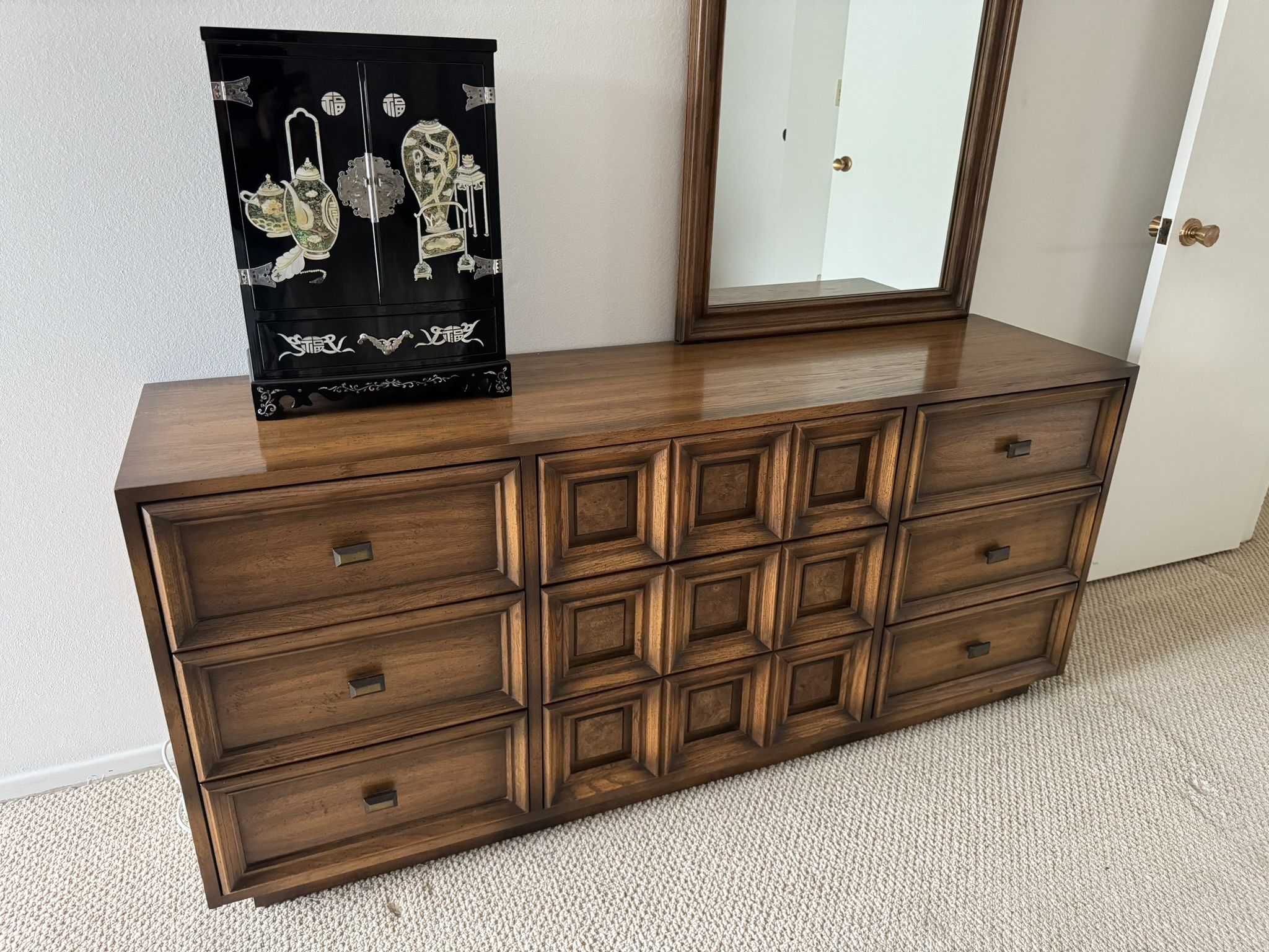 Mid-Century Solid Wood Dresser 9 Drawer  With Mirror Brown Color