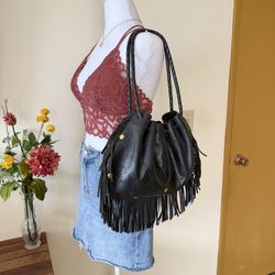 Black Leather Fringe Bag