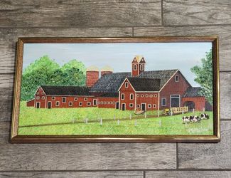 Original oil painting farmhouse barn cows