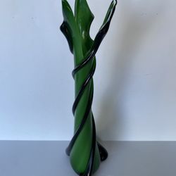 Vintage Hand Blown Green Stretch Glass Large Flower Vase