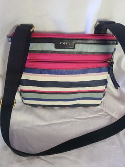 Fossil Eliza Black Multi Stripe Coated Canvas Crossbody Messenger Bag
