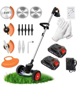 21V Electric Weed Wacker, Cordless Grass Trimmer with 2 Batteries & Charger, 3 in 1 Stringless Brush Cutter/Weed Eater/Edger/Lawn Mower with 3 Types B