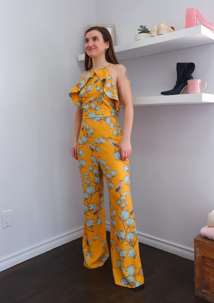 Anthropologie varun bahl Yellow and Blue Floral Jumpsuit with Ruffle Detail 12