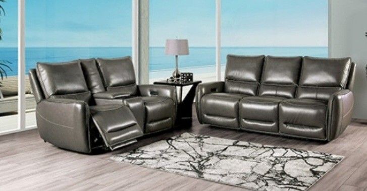 Brand New Grey Top Grain Leather Power Reclining Sofa & Loveseat