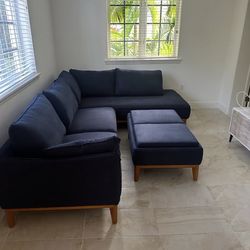 Midnight Blue Sectional Couch and Ottoman