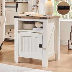 Farmhouse End Table with Charging Station, 18" Rustic Nightstand with Adjustable Storage Shelf, Wood Rustic Wood Sofa Side Table for Living Room, Bedr