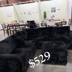 Stylish Black Sectional Sofa With Ottoman Fur - Like Jumbo Corduroy 