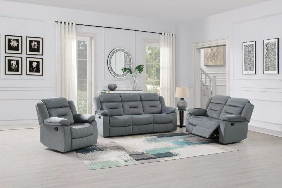 Brand New Grey Velvet 3pc Reclining Sofa Set