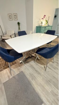 Modern White Dining Table Set with 4 Blue Chairs