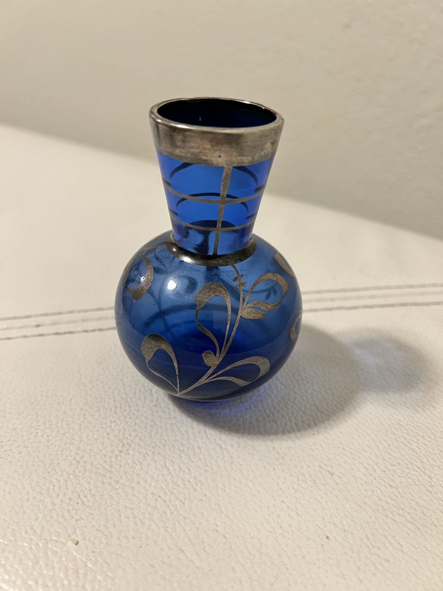 Cobalt Blue Glass & Silver Overlay Mini Vase