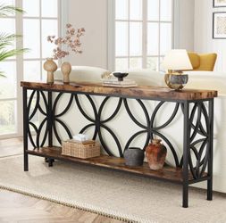 70.9-Inch Narrow Sofa Table, Industrial Long Sofa Table Behind Couch, Entry Console Table with Storage, Rustic Brown