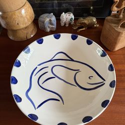A. Santos Hand Painted Blue & White Fish Bowl