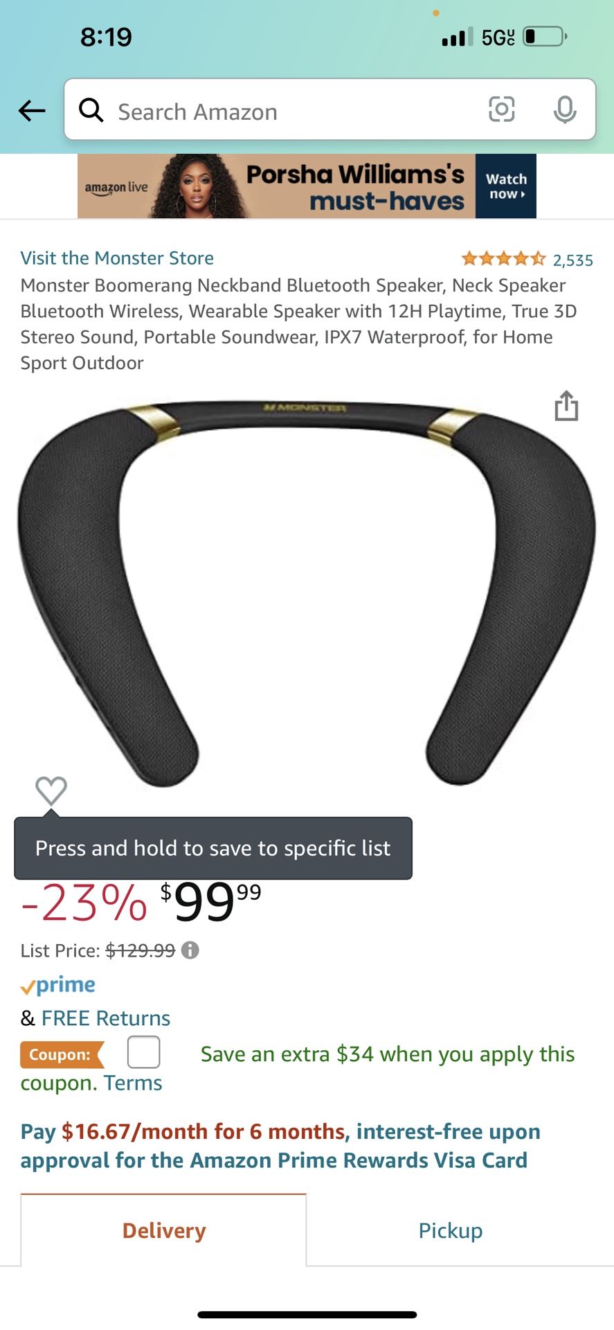 Monster Boomerang Neckband Bluetooth Speaker, Neck Speaker Bluetooth Wireless, Wearable Speaker with 12H Playtime, True 3D Stereo Sound, Portable Soun