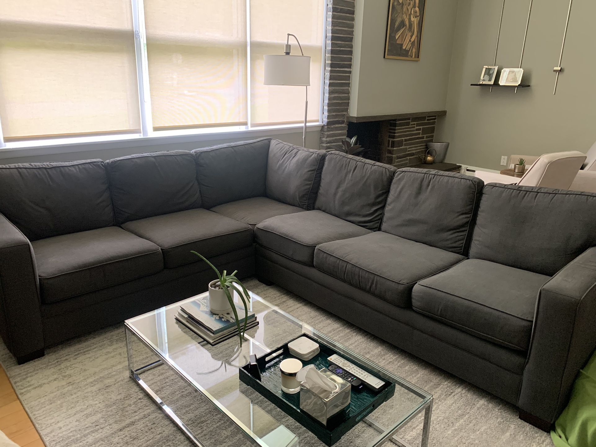 Pilgrim Furniture Sectional Sofa. Dark gray, Sunbrella Fabric. 6 Years Old Amazing Condition!