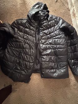 Black Glossy Puffer Jacket with Hood Men L