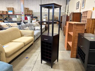 Dark Cherry Finished Wine Storage Tower with Hanging Glass Rack