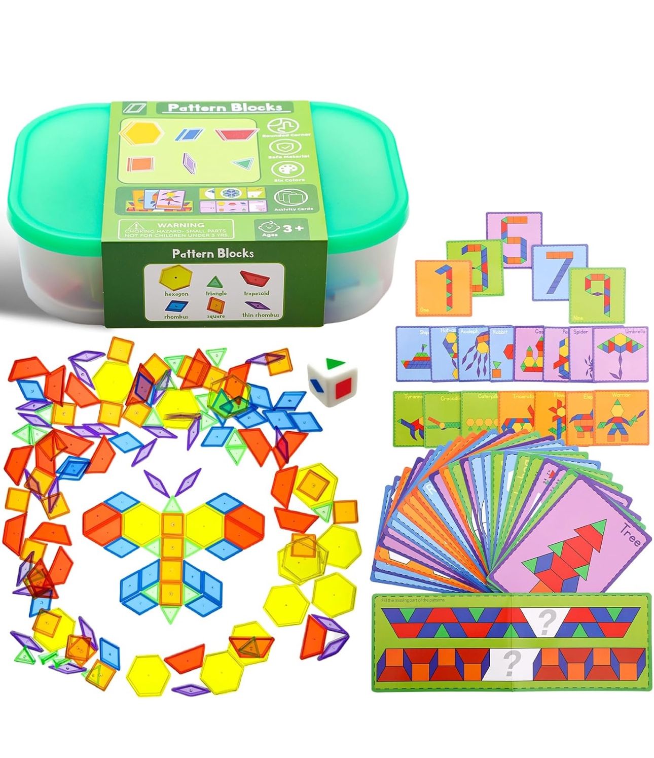 140 Pcs Translucent Pattern Blocks,Geometric Shapes,Translucent Toys,Light Table Accessories and Manipulatives,Includes 46 Activity Cards