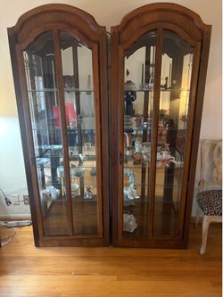 Vintage Wood & Glass Curio Display Cabinets (Set of 2)