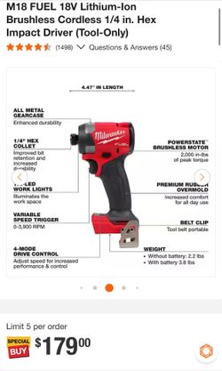 Milwaukee M18 Fuel 1/4” impact driver with Battery