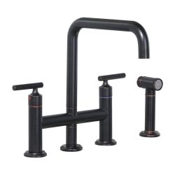 Brass Double Handle Bridge Kitchen Faucet, Deck Mount Kitchen Sink Faucet with Side Sprayer in Oil Rubbed Bronze