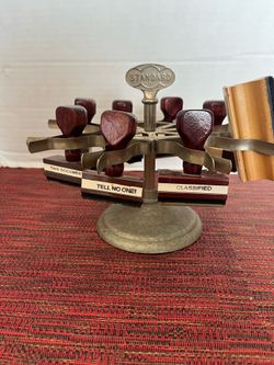 Vtg 8 Slot Metal Rubber Stamp Carousel + 8 Novelty Spy Stamps