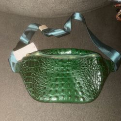 Green Croc Embossed Faux Leather Belt Bag Zip Blue Adjustable Detachable Strap