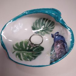 Peacock with palm leaves decoupaged and resin on clam shell