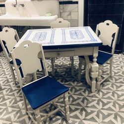 ART-DECO BLUE & WHITE ENAMEL TOP ISLAND/ TABLE & CHAIRS