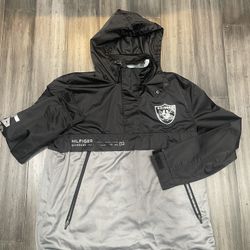 Raiders Tommy Hilfiger Jacket 1/4 Zip Men's Large Black Hooded Las Vegas NFL