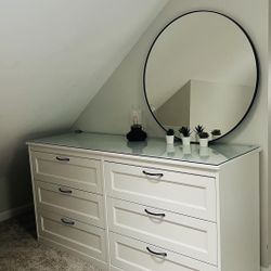 White Double Dresser with Glass Top + Round Mirror & Decor – $250