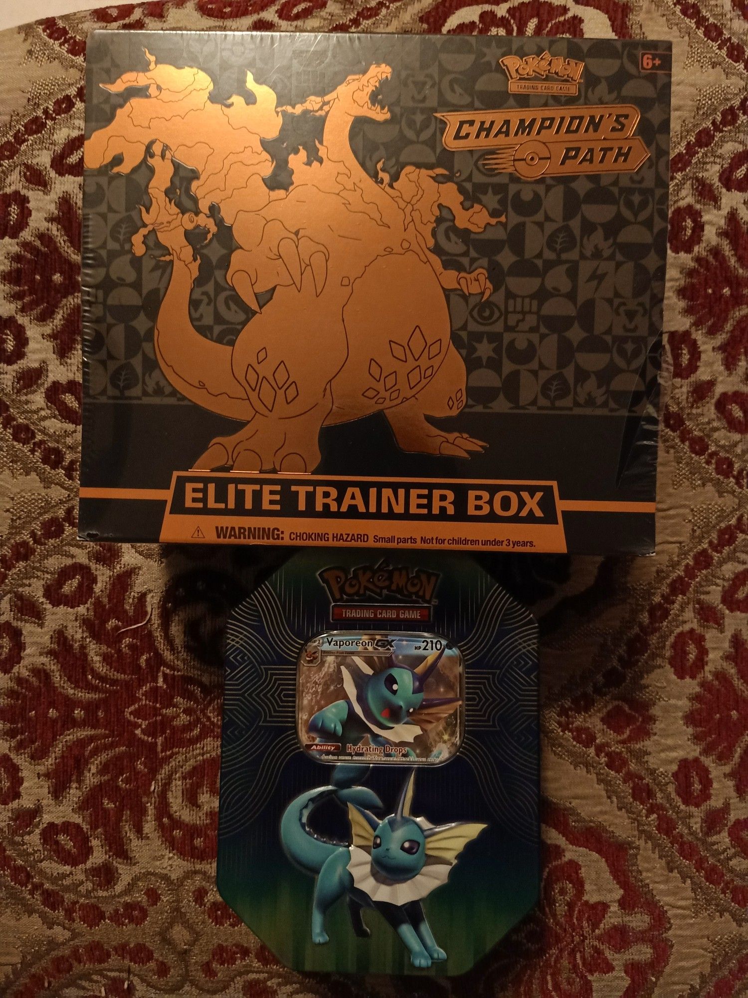 Pokemon Champion's Path ETB with Vaporeon GX Tin Cosmic Eclipse and Burning Shadows