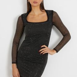 Guess Women's Black Long Sleeve Rhinestone Mini Dress featuring a square neckline