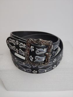 Lucky Brand Women's Boho Black Leather Embroidered Belt Small 30" - 32"