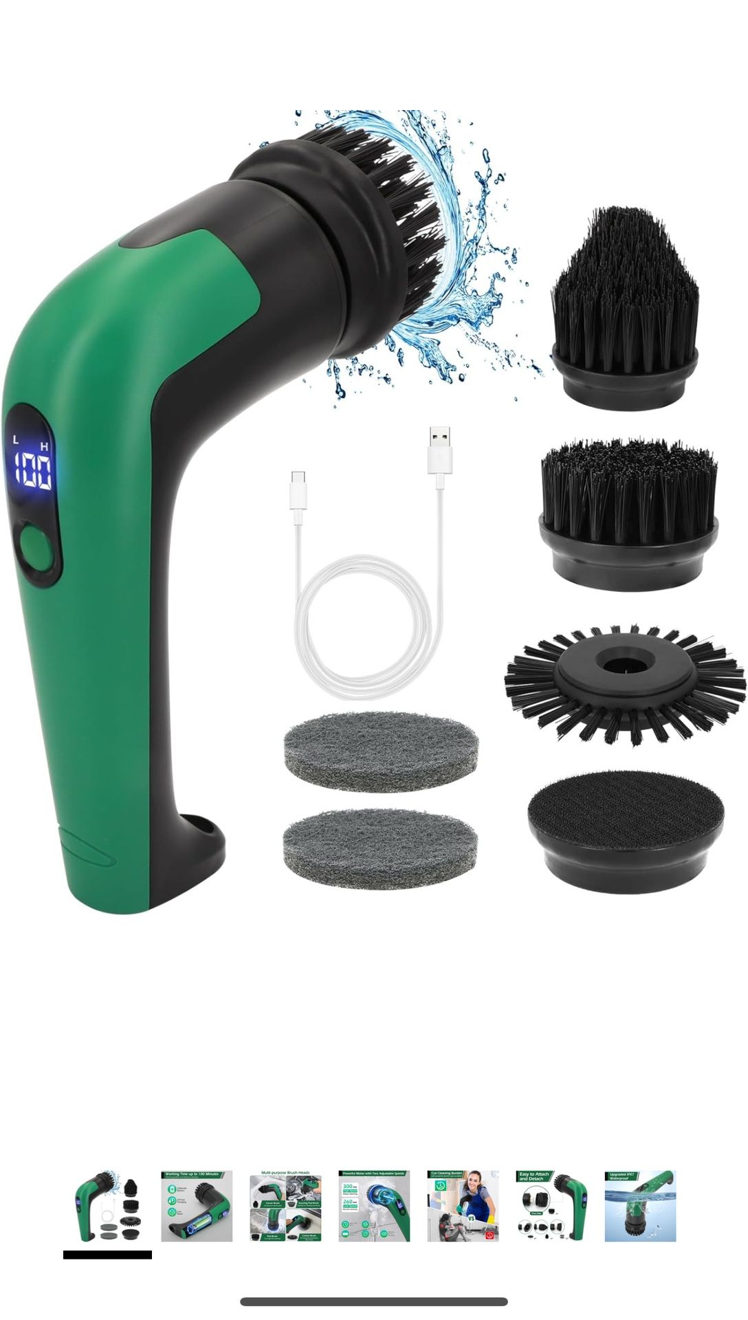 Electric Spin Scrubber, Cleaning Brush with 6 Replaceable Brush Heads, Cordless Shower Scrubber with LED Display, IPX7 Waterproof Handheld Power Spin